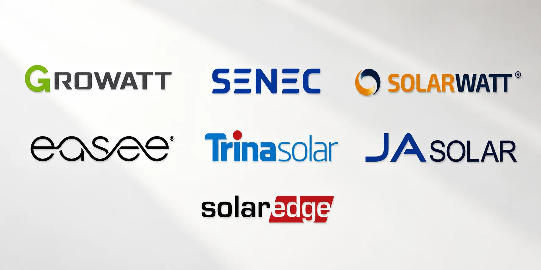 Logos unserer Hersteller: Growatt, SENEC, SOLARWATT, Easee, Trina Solar, JA Solar, SolarEdge